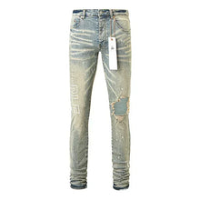 Load image into Gallery viewer, Purples jeans with holes dirty washed and splashed straight slim jeans
