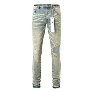 Purples jeans with holes dirty washed and splashed straight slim jeans