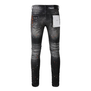 American Men's Distressed Skinny Button Fly Splash Paints Ripped Holes Jeans