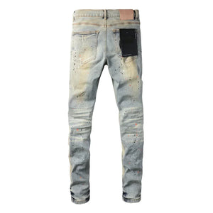 Purples Men jeans distressed paint low raise Skinny Denim jeans