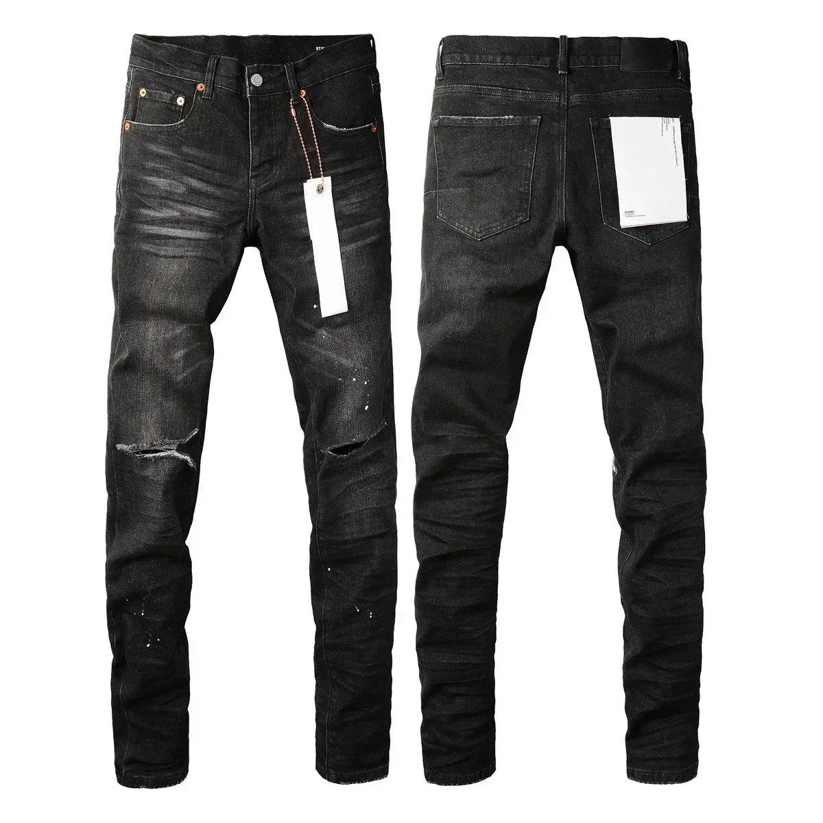 Purples Jeans Men Black Paint Dot Cut Hole Low Rise Skinny Denim