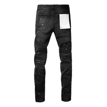 Load image into Gallery viewer, Purples Jeans Men Black Paint Dot Knife Cut Hole. Low Rise Skinny Denim brand Pants
