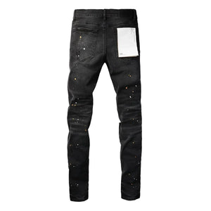 Purples Jeans Men Black Paint Dot Knife Cut Hole. Low Rise Skinny Denim brand Pants